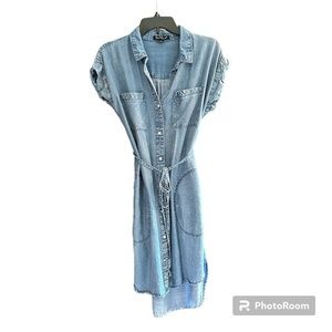 Denim look belted shirt dress, button up, casual with comfort, Size S
